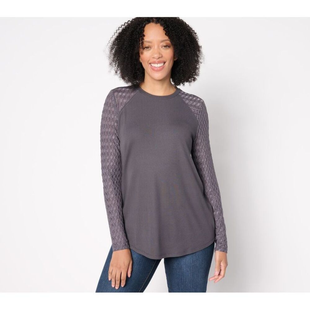 LOGO by Lori Goldstein Charcoal Long Sleeve Tee with lace and ribbing